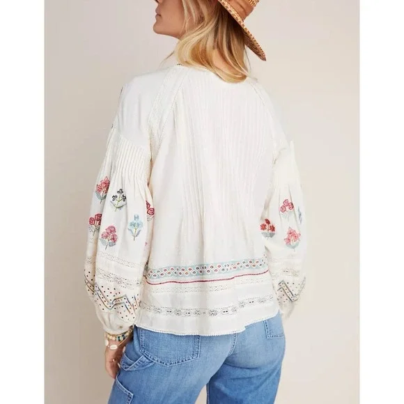 By Anthropologie Women's Kayla Ivory Floral Pleated Beaded Blouse Size L $148 - Picture 2 of 9